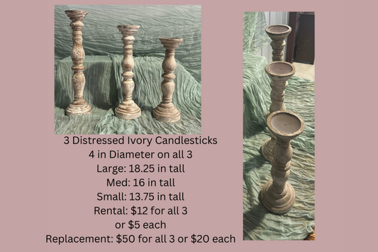 RENTAL 3 Distressed Ivory Candlesticks RENTAL