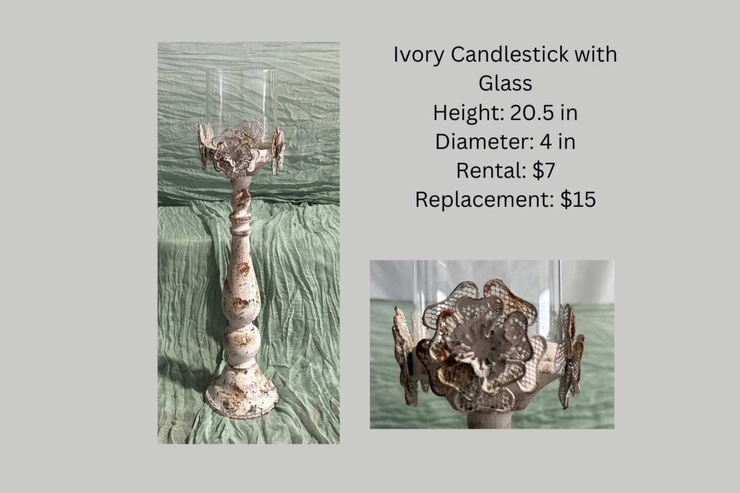 RENTAL Ivory Candlestick with Glass RENTAL